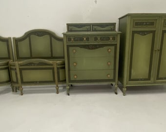 Antique 1920s French Country Twin bedroom set- 2 curved twins, dresser, nightstand, armoire