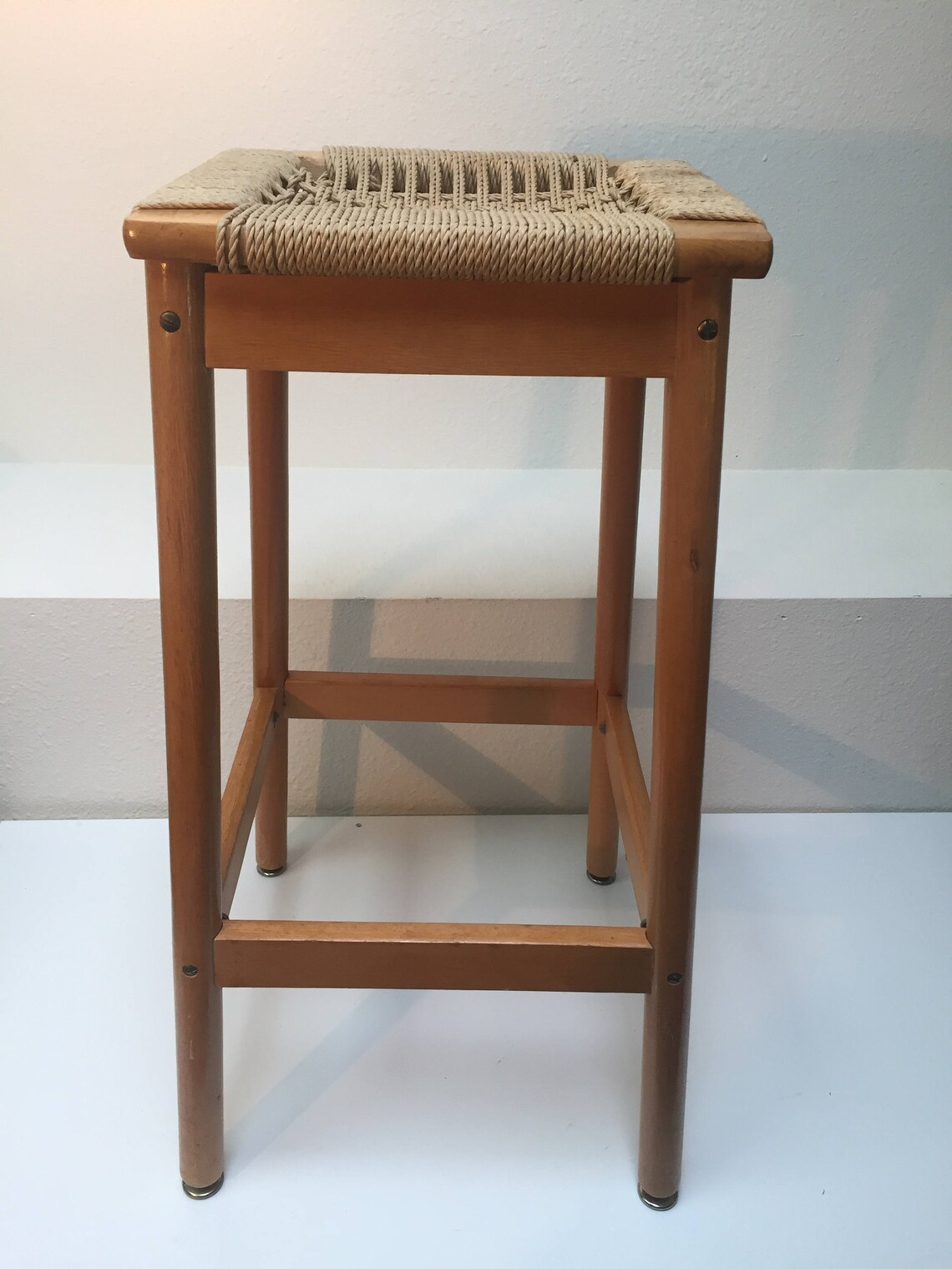 Vintage Danish Modern Maple bar stool with woven rope seat Mid Etsy