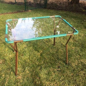 Vintage Aimes Aire Patio Dining Table with Teal Vinyl Spaghetti Strappings Patio Furniture