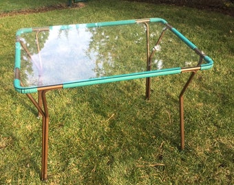 Vintage Aimes Aire Patio Dining Table with Teal Vinyl Spaghetti Strappings Patio Furniture