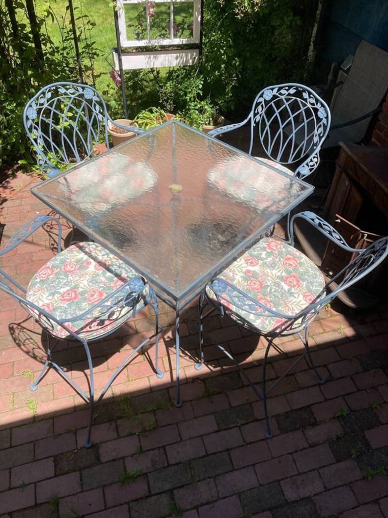 Vintage Woodard Mesh Bar Height Patio Set 4 Chairs and Square Etsy