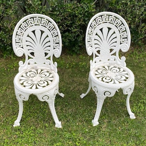 Vintage Set of 5 Victorian Cast Aluminum Patio Chairs with Greek Key seat backs. Garden seating