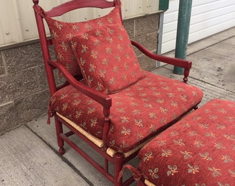 Beautiful French Country Red Painted Wood and Rush Seat Accent Club Chair and Ottoman