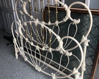 Vintage White Enameled Iron and Brass Queen Size Bed Frame - headboard, footboard and rails