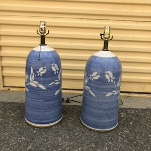 Pair of 1960s Tall Hand-Thrown Studio Pottery Table Lamps ,Blue glazed with floral motif