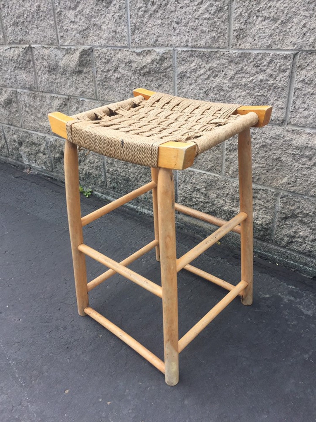 Vintage Danish Modern Maple Bar Stool With Woven Rope Seat Mid Century