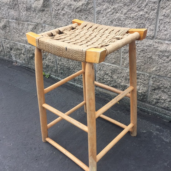 Vintage Danish Modern Maple bar stool with woven rope seat Mid Century Wegner Eames