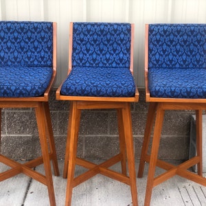 Set of 3 Vintage Danish Modern Teak Swivel bar stools