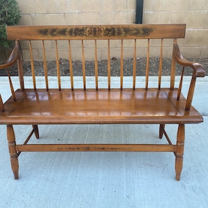 Vintage L. Hitchcock Maple Entry Bench with gold and black stenciling-  Windsor Style Stick Back