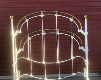 Vintage Elliot's Design White Enameled Iron and Brass Full Size Bed Frame - headboard, footboard, no rails included