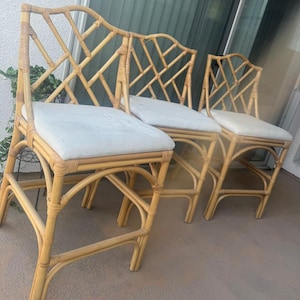 Set of 3 Vintage Chinese Chippendale Style Rattan Barstools with upholstered seat