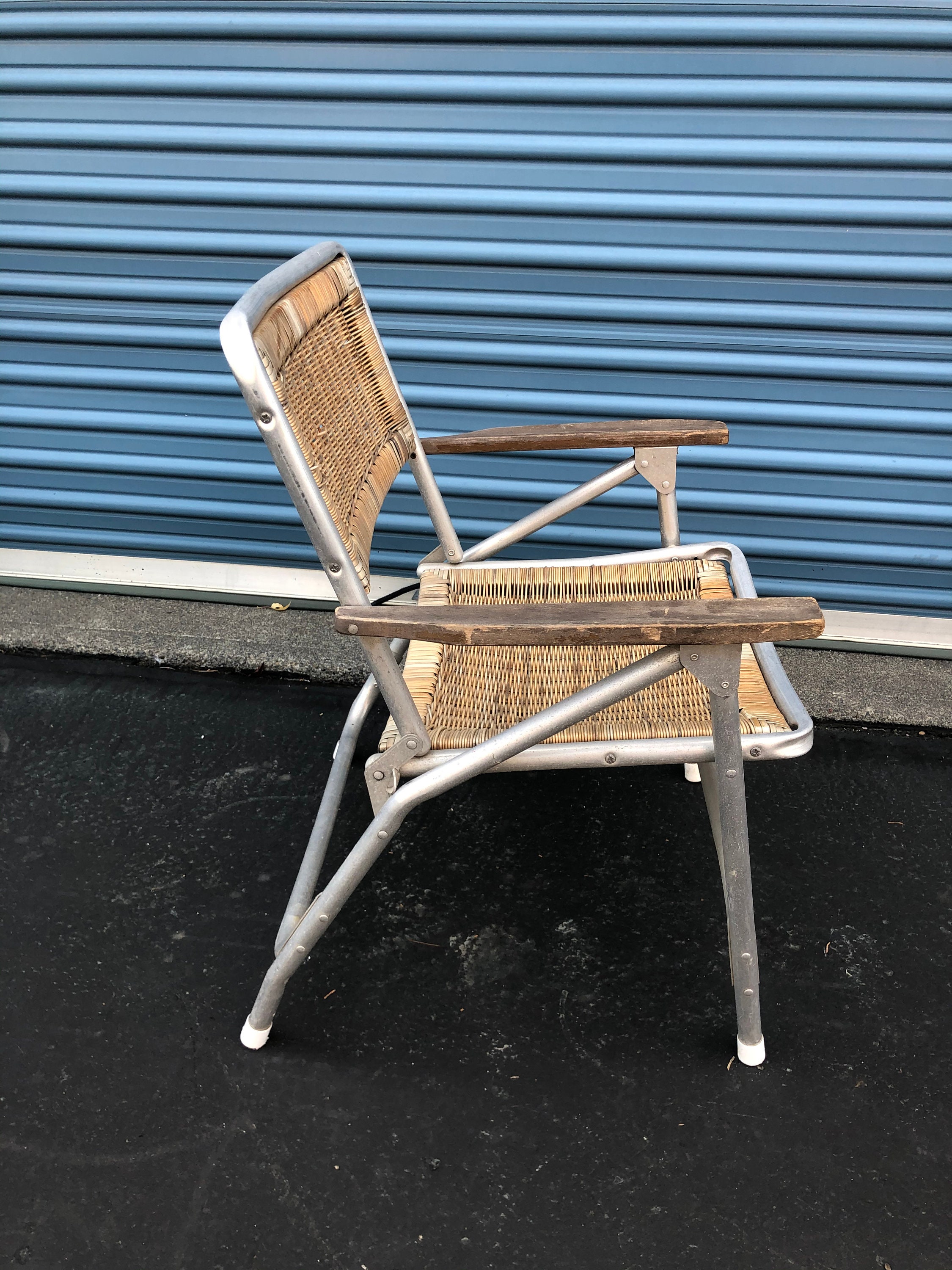 Vintage Aluminum Folding Patio Chair With Woven Rattan Seat Etsy
