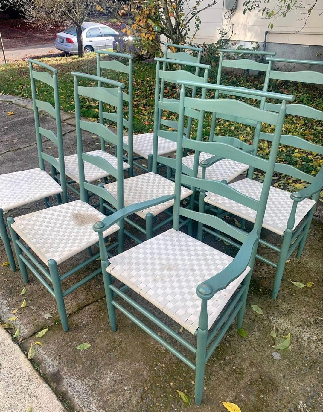 Set of 8 Nichols and Stone Wooden Shaker Dining Chairs With Woven