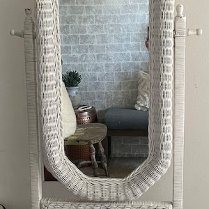 Shabby Chic Vintage White Wicker Large Oval Standing Floor Mirror