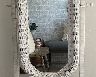 Shabby Chic Vintage White Wicker Large Oval Standing Floor Mirror