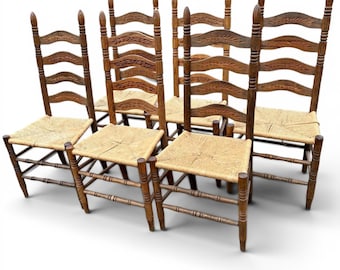 Set of 6 French Country style Oak Ladder Back Chairs with Rush Seats
