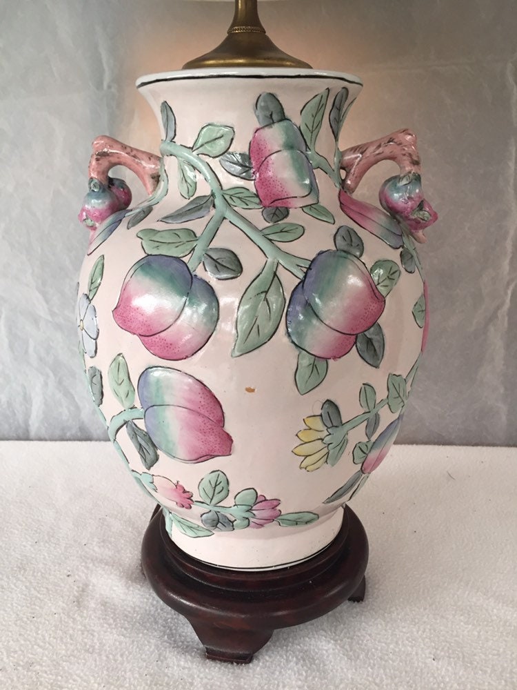 Vintage Asian Ginger Jar Lamp With Peaches on Wood Stand Etsy