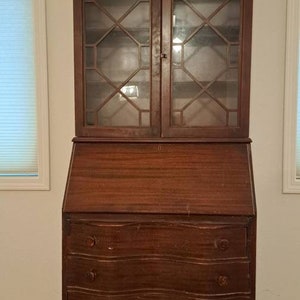 Antique Walnut Serpentine Secretary Desk Chippendale Style Bookcase