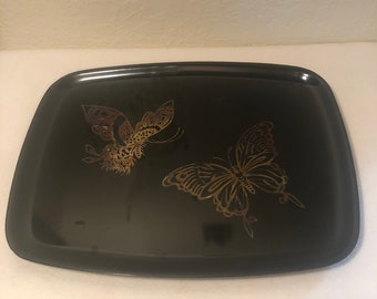 Vintage Modern RARE Couroc Butterflies Tray with Redwood and Brass Inlay Couroc Bar Serving Tray