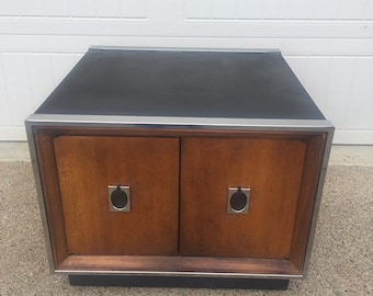 Mid Century Modern Plinth Base Walnut and Chrome Cabinet End Table Side Table