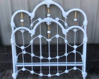 Vintage Elliot's Design White Enameled Iron and Brass Full Size Bed Frame - headboard, footboard, NO siderails