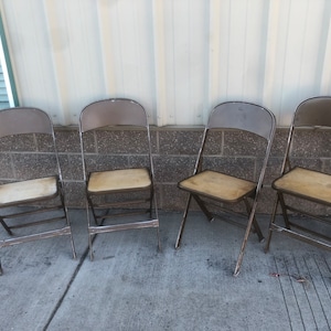 Set of 4 Vintage Folding Metal School Chairs with plywood seats
