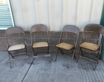 Set of 4 Vintage Folding Metal School Chairs with plywood seats