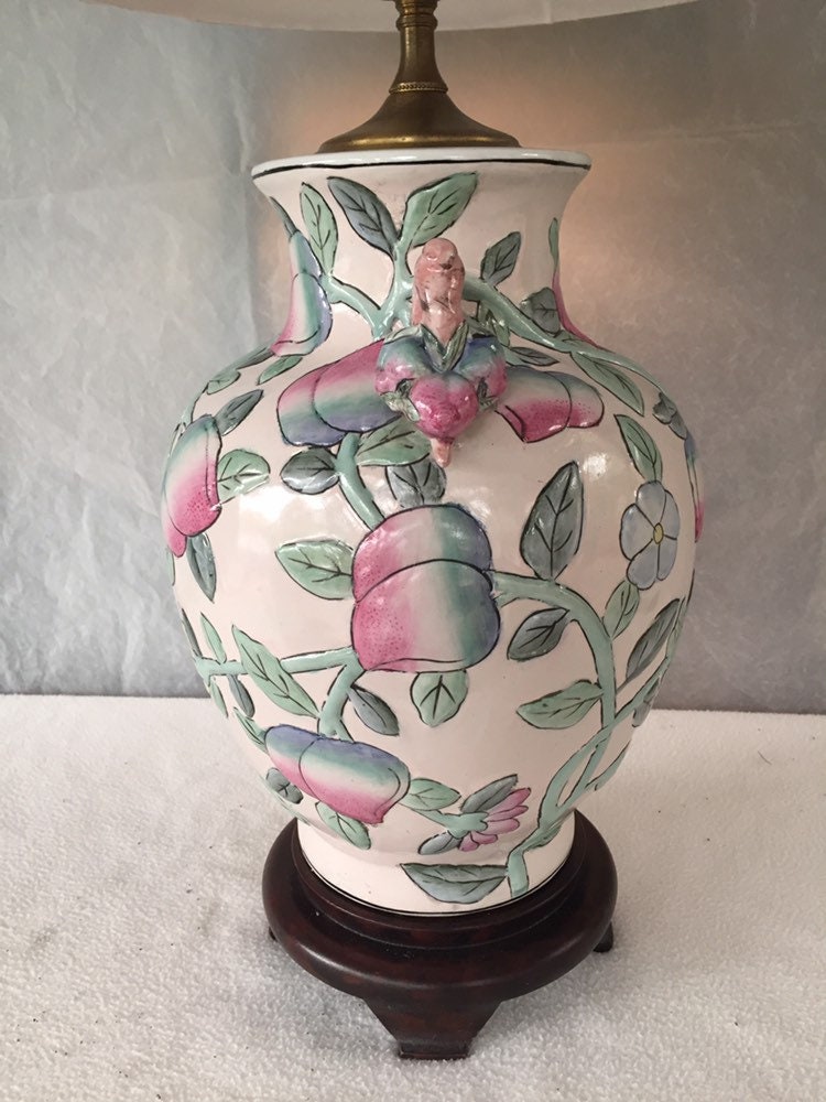 Vintage Asian Ginger Jar Lamp With Peaches on Wood Stand Etsy