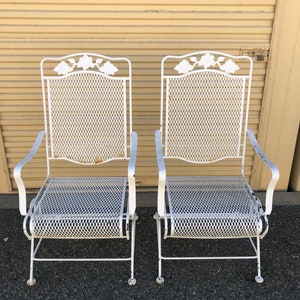 Pair of Vintage Woodard / Salterrini style Roses and Vines Wrought Iron Patio Dining chairs