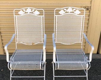 Pair of Vintage Woodard / Salterrini style Roses and Vines Wrought Iron Patio Dining chairs