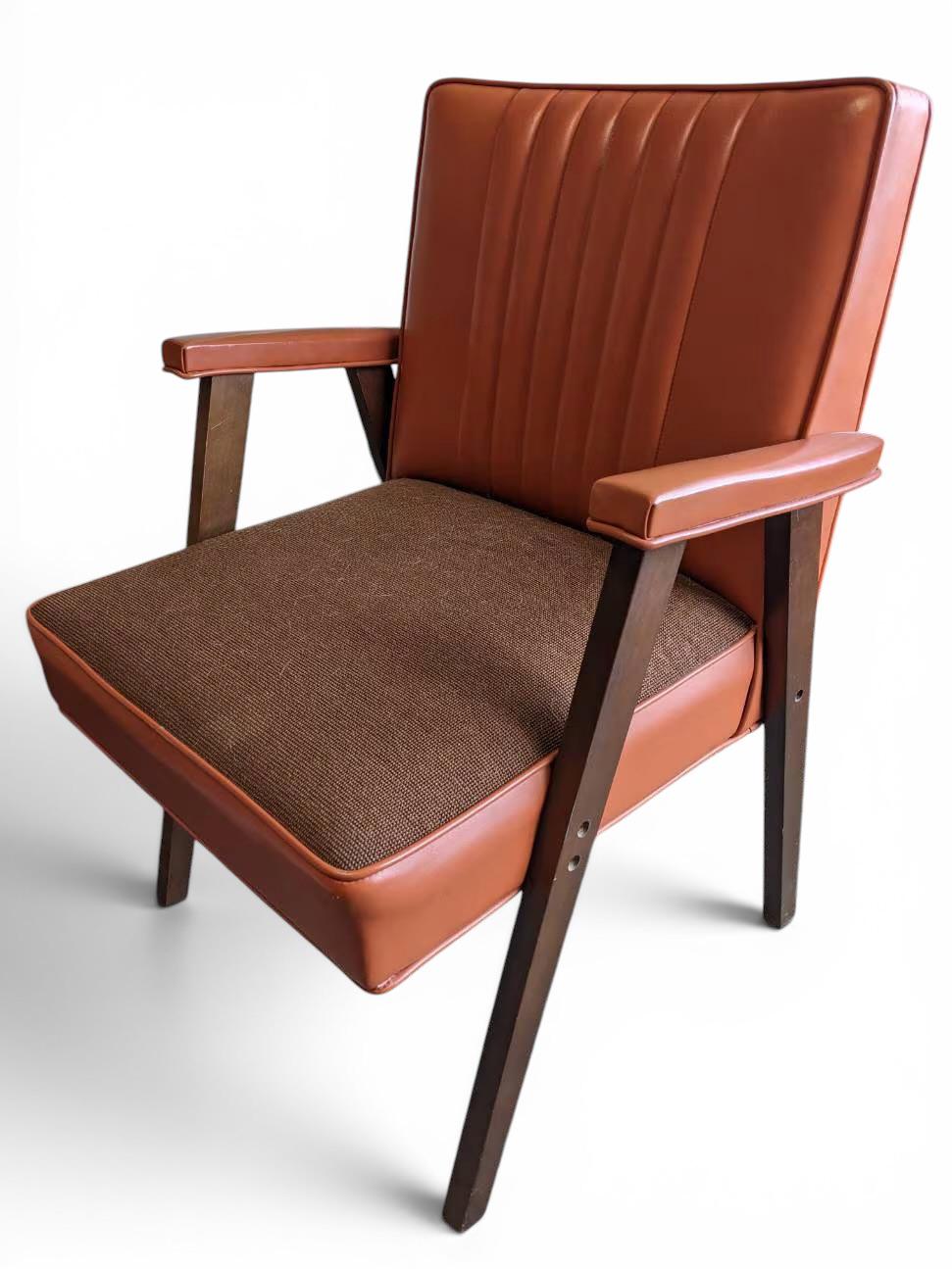 Mid Century Modern Walnut Armchair: Jens Risom Style, Orange Vinyl