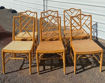ON HOLD for TAMI until 5/1- Vintage Set of Six (6)  of Chinese Chippendale Style Rattan Chairs with cane seats