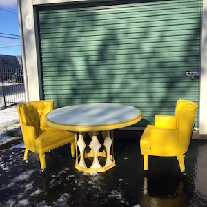 Vintage Canary Yellow Leather Wing Chairs With White and Yellow Dining Table