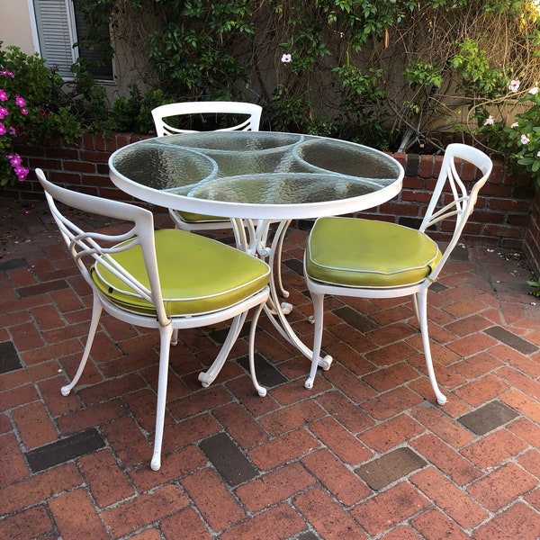 Vintage Brown Jordan Cast Aluminum Patio Set-glass topped table and 3 chairs with original cushions