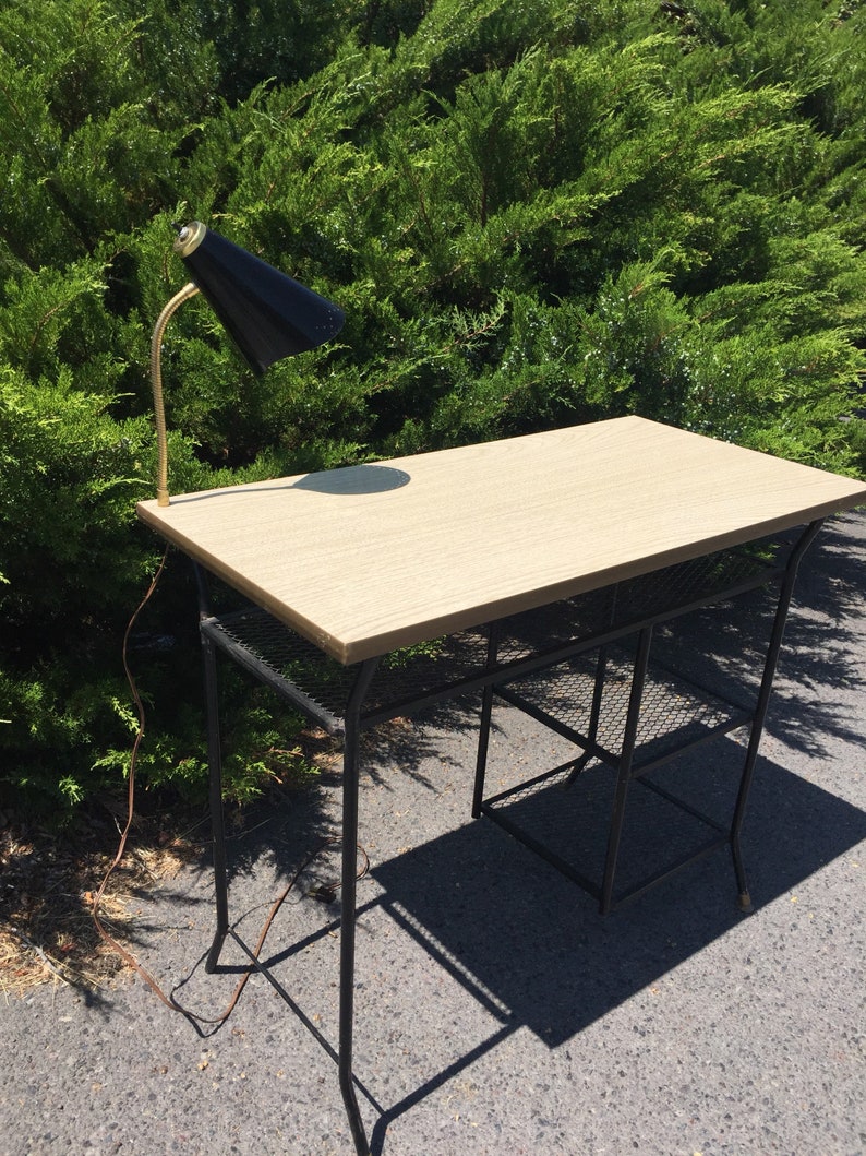 Mid Century Modern Desk Black Metal Wire By Loroman 50 S Mesh Punched Formica Gooseneck Lamp Original