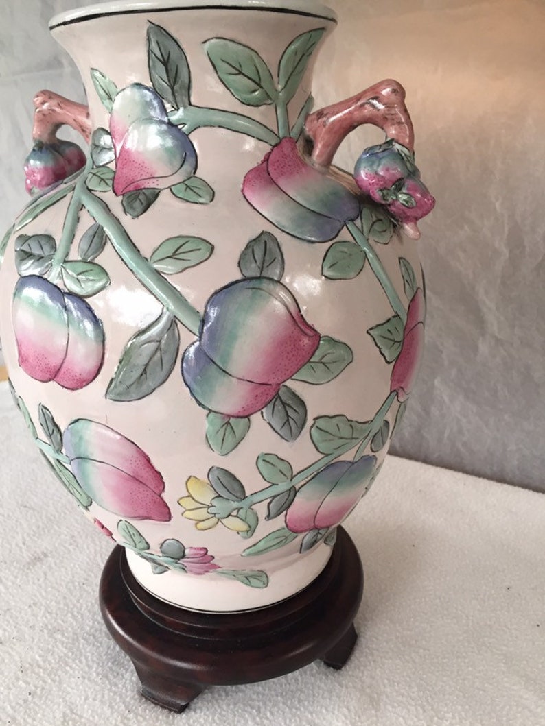 Vintage Asian Ginger Jar Lamp With Peaches on Wood Stand Etsy