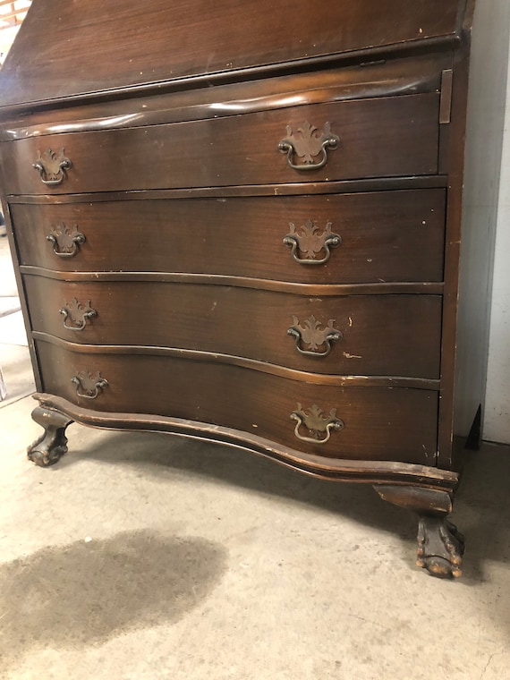 Antique Walnut Serpentine Secretary Desk Chippendale Style