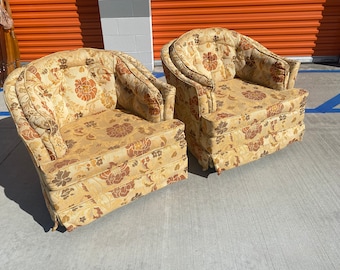 Pair of Hollywood Regency Milo Baughman style Swivel Rockers Barrel Lounge Chairs