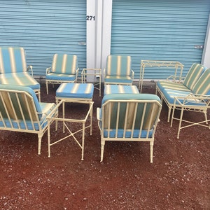 Vintage Brown Jordan “Calcutta” Cast Aluminum Patio Set- 8 pieces with cushions and glass topped tables designed by Hall Bradley