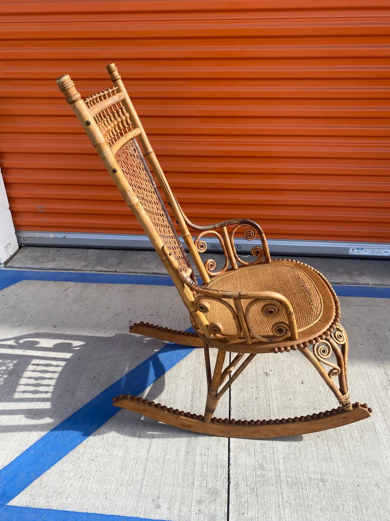 Antique Victorian Wood and Wicker Rocker With Woven Rattan Seat, Hand ...