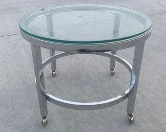 Vintage Modern Milo Baughman Style Round Flat Bar Brass and Glass side table (2 available)