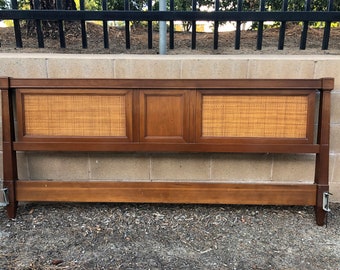 Vintage Mid Century Walnut and Cane Cal King Headboard With Cane Panels