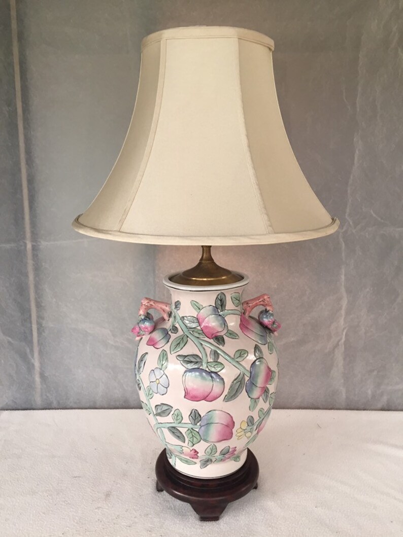 Vintage Asian Ginger Jar Lamp With Peaches on Wood Stand Etsy