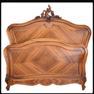 Antique Louis XV Walnut Veneer Full Bed, Headboard & Footboard w Rails