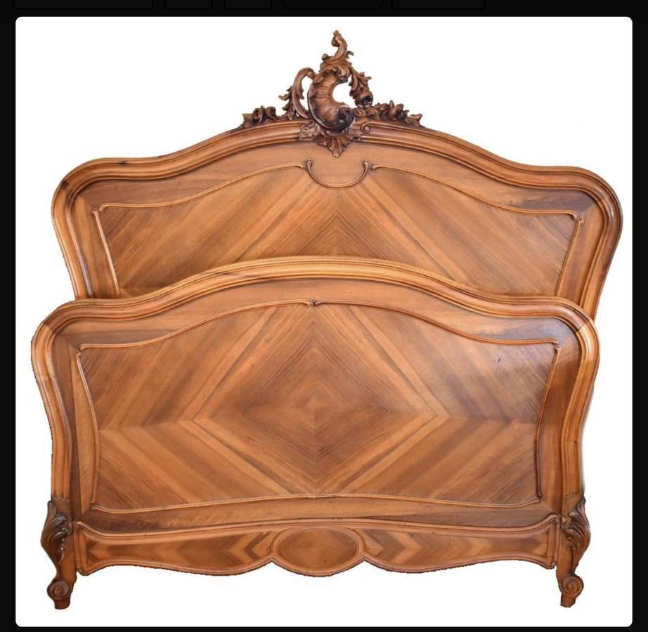 Antique Louis XV Walnut Veneer Full Bed, Headboard & Footboard w Rails
