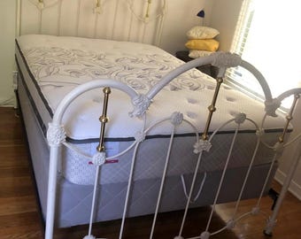 Vintage Elliott’s Design White Enameled Iron & Brass Bed Frame - Full Size Headboard Footboard, side rails