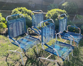 Vintage Ames Aire Surfline Patio Chairs: Set of Blue Vinyl Spaghetti  Strap Armchairs