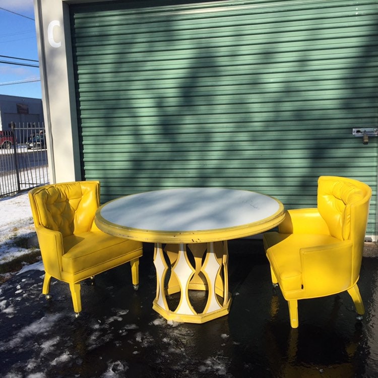 Vintage Canary Yellow Leather Wing Chairs With White and Etsy