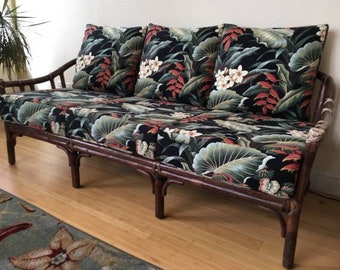 Vintage Mcguire Rattan Sofa with hawaiian style floral cushions
