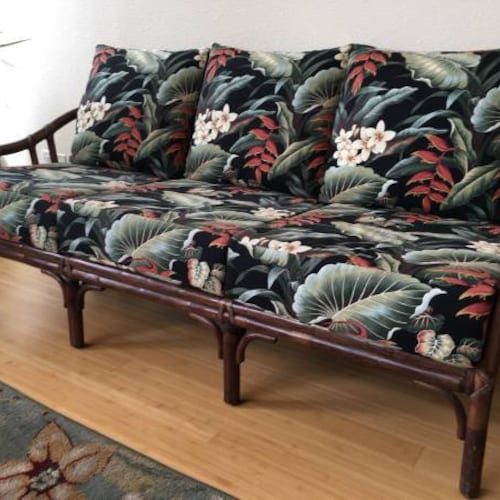 Vintage Mcguire Rattan Sofa With Hawaiian Style Floral Cushions